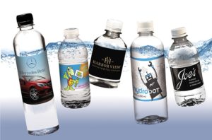 Trade Show Giveaway Idea: Custom Labeled Water Bottles. Varying sizes and full color printing. Order in bulk from Brand Spirit