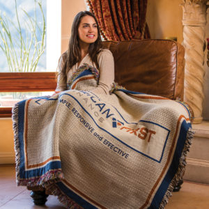 Employee Gift Ideas: Custom Mid Size Woven Throw Blanket - As low as $25.56 each in bulk order from Brand Spirit Inc.