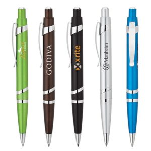 Promotional Pens: Metallic Montina Ballpoint Pen w/Spiral Accent Rings. As low as $0.99 each in bulk order from Brand Spirit Inc.