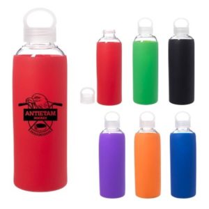 Promotional Product: 18 Oz. Dartmouth Glass Bottle - As low as $6.99 each in bulk order from Brand Spirit Inc in Atlanta. Add your logo on the silicone sleeve.