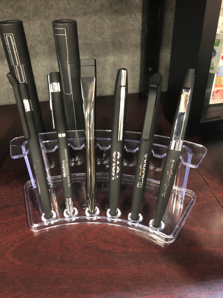 Promotional Pens for giveaway, leave-behinds, and business gifts. Unique imprint style with a shiny laser engraving of your business logo