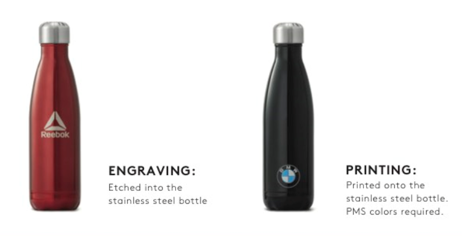 Laser engraved logo on Swell Bottles. Trendy promotional products for 2019 that are also eco-friendly and premium-looking. Order in bulk from Brand Spirit Inc.