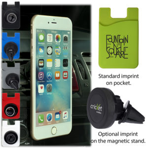 Promotional Product: Magnetic Auto Phone Holder with Phone Pocket.As low as $3.89 each in bulk order from Brand Spirit Inc.