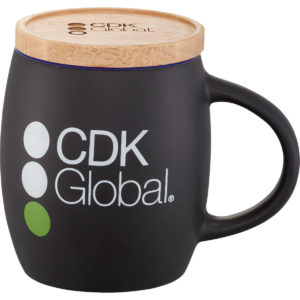 Promotional Coffee Mug: Add your logo on the Hearth Ceramic Mug with Wood Lid/Coaster 14 oz. As low as $7.08 each in bulk order from Brand Spirit Inc.
