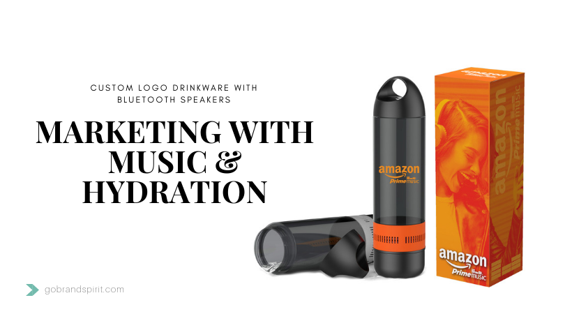 Trendy Promotional Products and Business Gifts: Logo Printed Water Bottles with Bluetooth speakers. Add your logo and customize the packaging in full color. Order in bulk from Brand Spirit Inc.