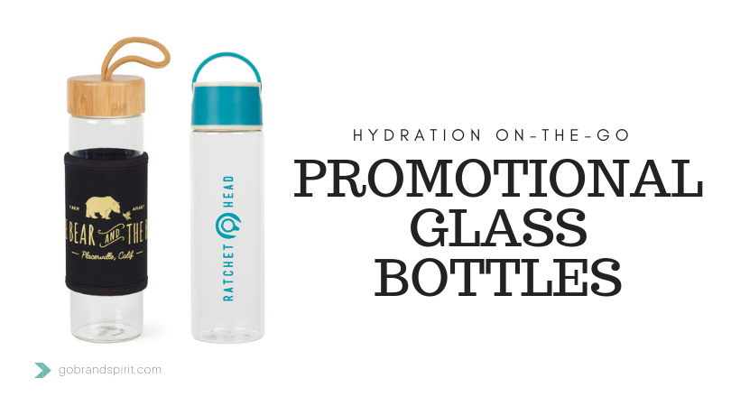 Promotional Drinkware: Glass Water Bottles with silicone grips, neoprene sleeves, and other custom imprinting options. Order in bulk from Atlanta supplier, Brand Spirit Inc.