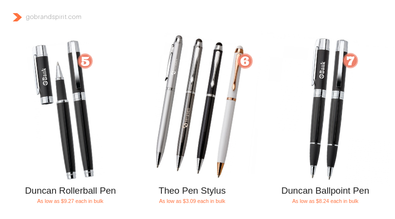 Corporate giveaway idea: Promotional Pens for giveaway, leave-behinds, and business gifts. Unique imprint style with a shiny laser engraving of your business logo. Order in bulk from Brand Spirit Inc.