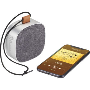 Promotional Tech Products:: Tahoe Metal & Fabric Waterproof Bluetooth Speaker. As low as $29,98 each in bulk order from Brand Spirit Inc
