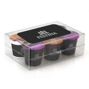 6-piece custom coffee pods with custom labels and in a plastic box.