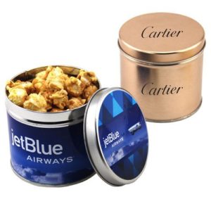 Closing Gift Ideas for Realtors: Round Tin with Caramel Popcorn. As low as $5.97 each in bulk order from Brand Spirit Inc
