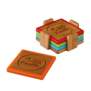 Business Gift Idea: Bamboo and Silicone Coaster Set. As low as $17.07 each in bulk order from Brand Spirit Inc