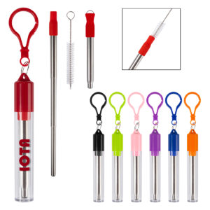 Eco-friendly promotional product:Collapsible Stainless Steel Straw Kit. As low as $2.99 each in bulk order from Brand Spirit Inc.