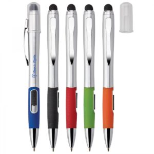 Promotional Ballpoint and Stylus Pen with laser engraving: Ophelia 3-in-1 Ballpoint Pen with Stylus and Backlight. As low as $1.95 each in bulk order from Brand Spirit Inc