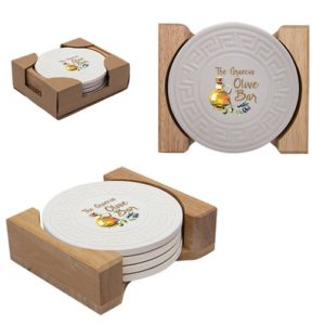 Promotional Business Gifts: Round Greek Key Absorbent Stone Coaster Set. As low as $11.18  each in bulk order from Brand Spirit Inc