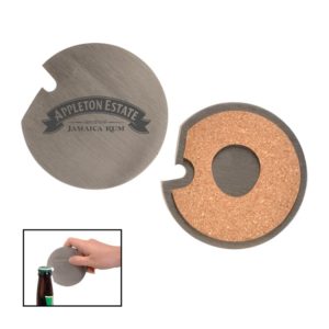 Business Gift Idea: Stainless Steel Coaster with Cork Base and Bottle Opener. As low as $2.85 each in bulk order from Brand Spirit Inc