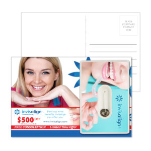 Marketing Mailer Idea for Clinics or Dentists: Post Card with Credit Card Style Dental Floss with Mirror. As low as $2.10 each in bulk order from Brand Spirit Inc.