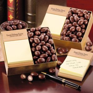 Promotional Desk Accessories: Beech Post-it® Note Holder with Chocolate Covered Almonds. As low as $22.17 each in bulk order from Brand Spirit Inc.