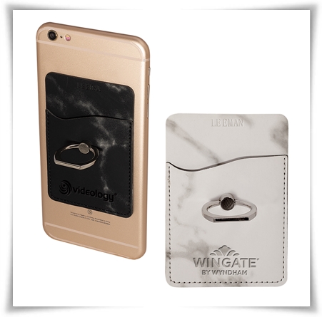 Promotional Phone Wallet: Tuscany™ Marble Card Holder with Metal Ring Phone Stand. As low as $2.49 each in bulk order from Brand Spirit Inc