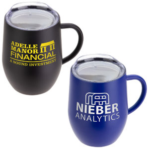 Trendy Tumblers and Mugs with Logo Branding: Calibre 12 oz Vacuum Insulated Ceramic Inside-Coated Coffee Mug. As low as $9.30 each in bulk order from Brand Spirit Inc.
