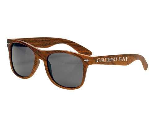 Wrap up Gifts for TV Show by Brand Spirit Inc. Custom Wood Tone Sunglasses with logo imprint on one side.