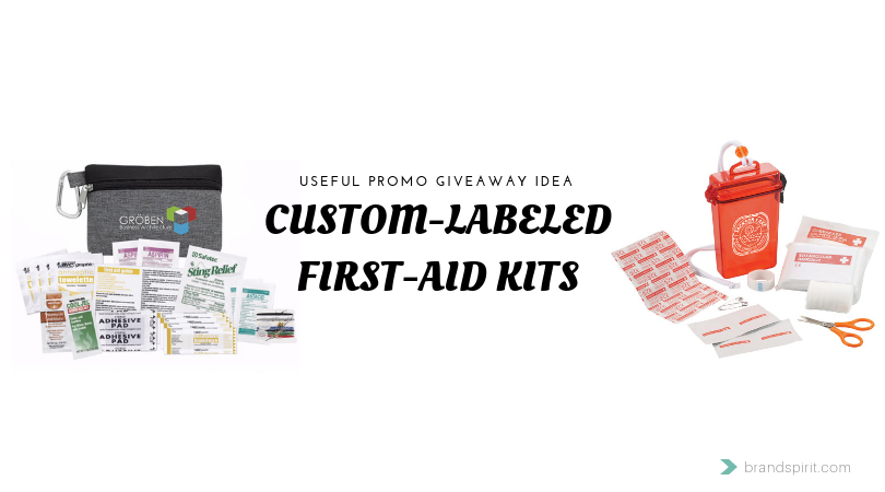 Useful Promo Giveaway Idea: Custom-labeled First Aid Kits with logo imprinting. Order in bulk from Brand Spirit Inc