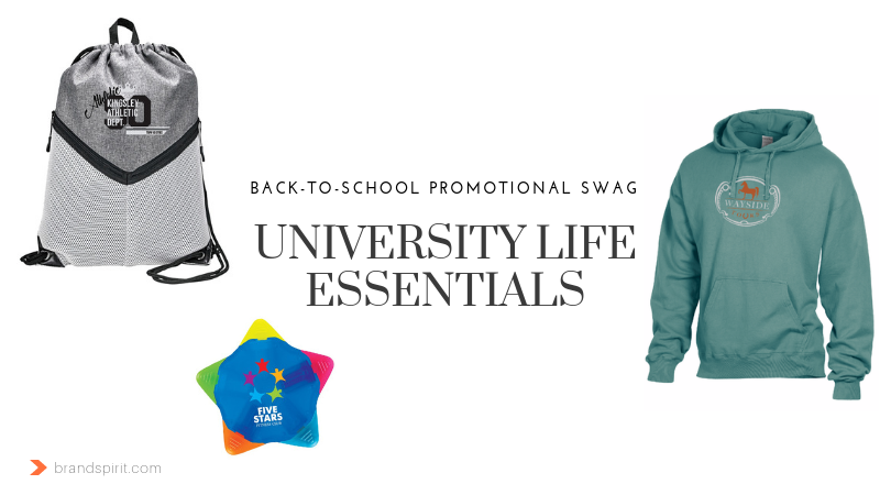 Promotional Swag for University Life. Add your logo for merchandising and promotions for back-to-school campaigns. Order in bulk from Brand Spirit Inc.