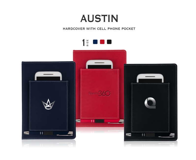 Custom Promotional Journals for corporate gifts and employee giveaways. The Austin Journal has front pockets that can fit a phone and a loop for your pen. Available ar brandspirit.com for inquiries.
