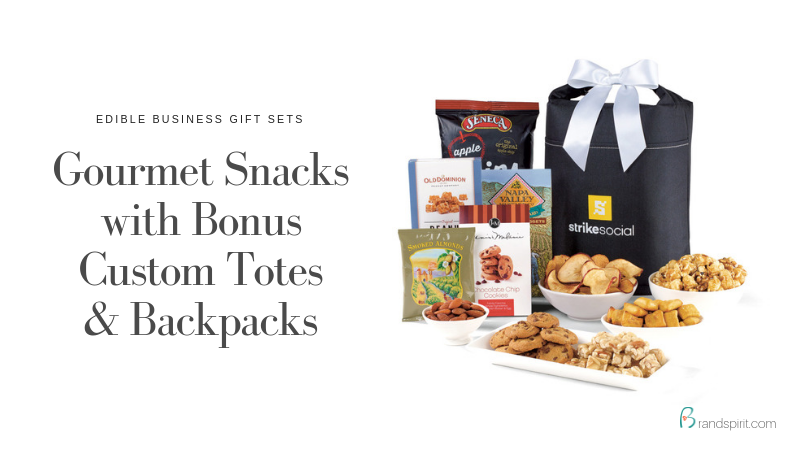 Trendy Edible Business Gift Sets: Gourmet Snacks with Bonus Bags and Totes with logo imprinting. Order in bulk from Brand Spirit Inc.