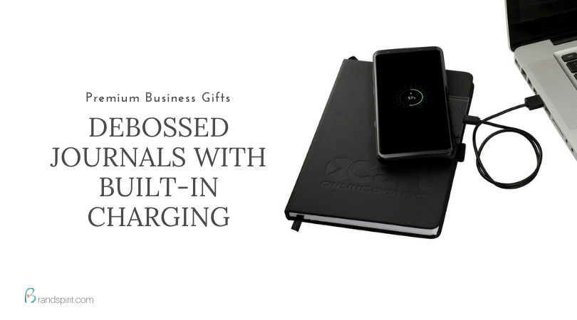 Premium Business Gifts: Debossed Journals with Built-in Charging. Order in bulk from Brand Spirit Inc.