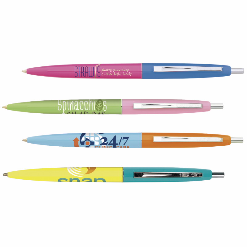 Cute Promotional Pen in pastel colors. The Bic Clic Pen let's you imprint your logo on dual color barrels. A click pen that makes an awesome swag gift at trade shows.