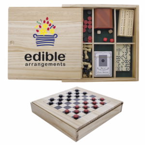Promotional Board Games to Entertain During Quarantine: Office Fun Game Set. Add your logo on the wood box. Order in bulk from Brand Spirit.