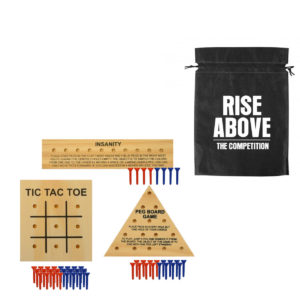 Promotional Board Games to Entertain During Quarantine: Fun On-the-Go Wood Teasers with drawstring bag. Add your logo on the cinch bag. Order in bulk from Brand Spirit.