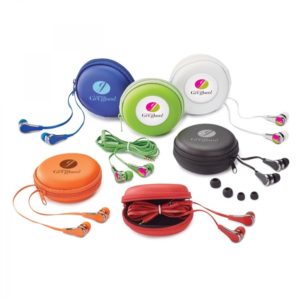 Appreciation Gift Ideas for Remote Team: Dino Earbud Kit with zippered hard case and volume control earbuds. Customize and order in bulk from Brand Spirit.