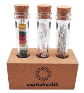 Unique Work Gift Ideas for Clients and Employees: Cork Test Tube Desk Supply Kit. Customize and order in bulk from Brand Spirit.