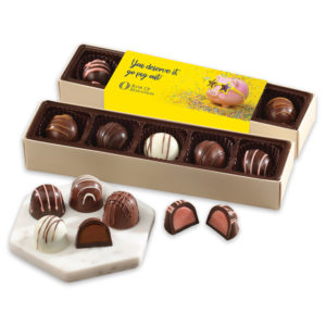 Food Gifts for Corporate Gifting: Assorted Truffles Flight with Full-Color Wrap. Add logo, customize label and order in bulk from Brand Spirit.