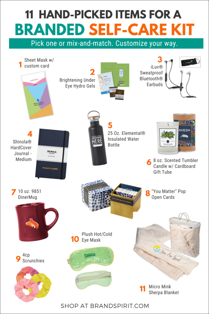 11 Promotional Self-care Items for A Custom Kit. Add logo or graphic design. Available at brandspirit.com.