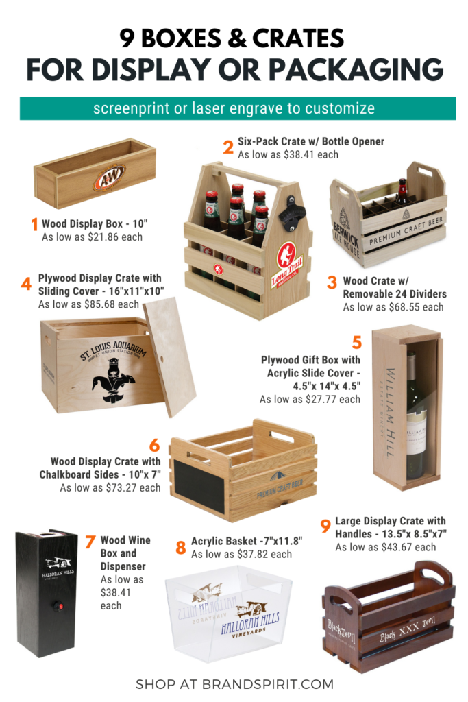Custom wood crates and boxes for store displays and corporate gift packaging. Add logo and order in bulk from Brand Spirit.