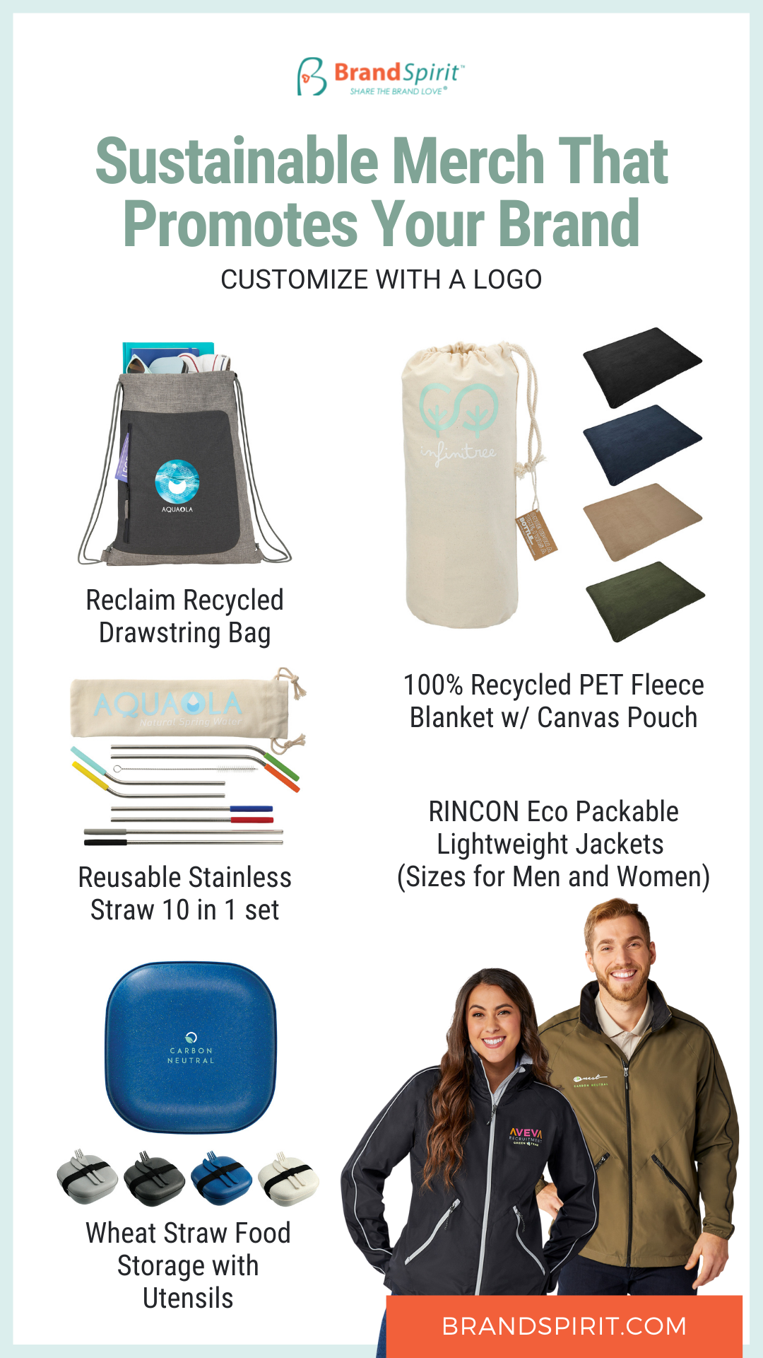 Sustainable Merch that Promote Your Brand: Add your logo to customize. Available at Brand Spirit, including drop shipping option.