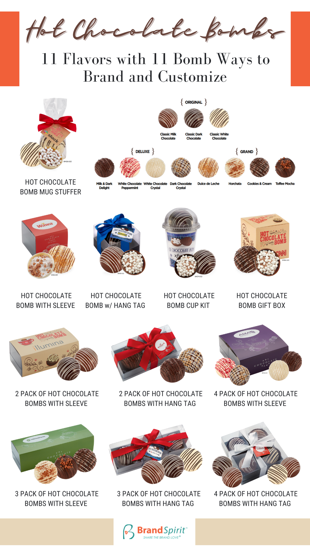 This selection of Belgian hot chocolate bombs is perfect for event giveaways or office treats. Choose from 11 delectable flavors from Classic Milk Chocolate to Dulce de Leche! Customize with a logo.