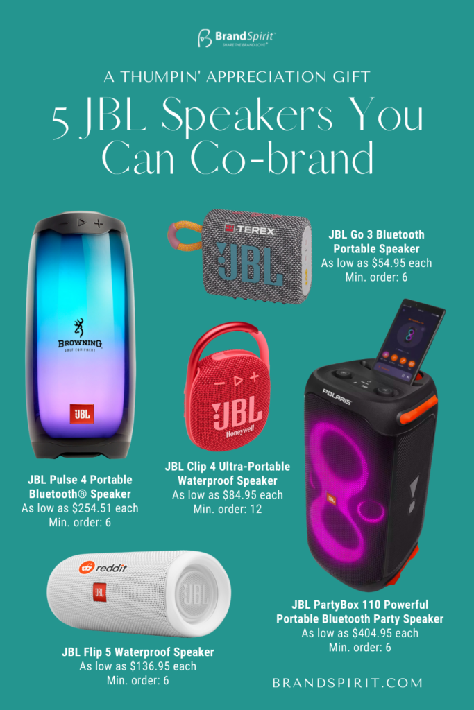Impress with a co-branded JBL Bluetooth Speaker. JBL is a popular premium audio tech brand that can extra brand recall to your business. Give these at corporate events or to celebrate a milestone. Available at brandspirit.com.
