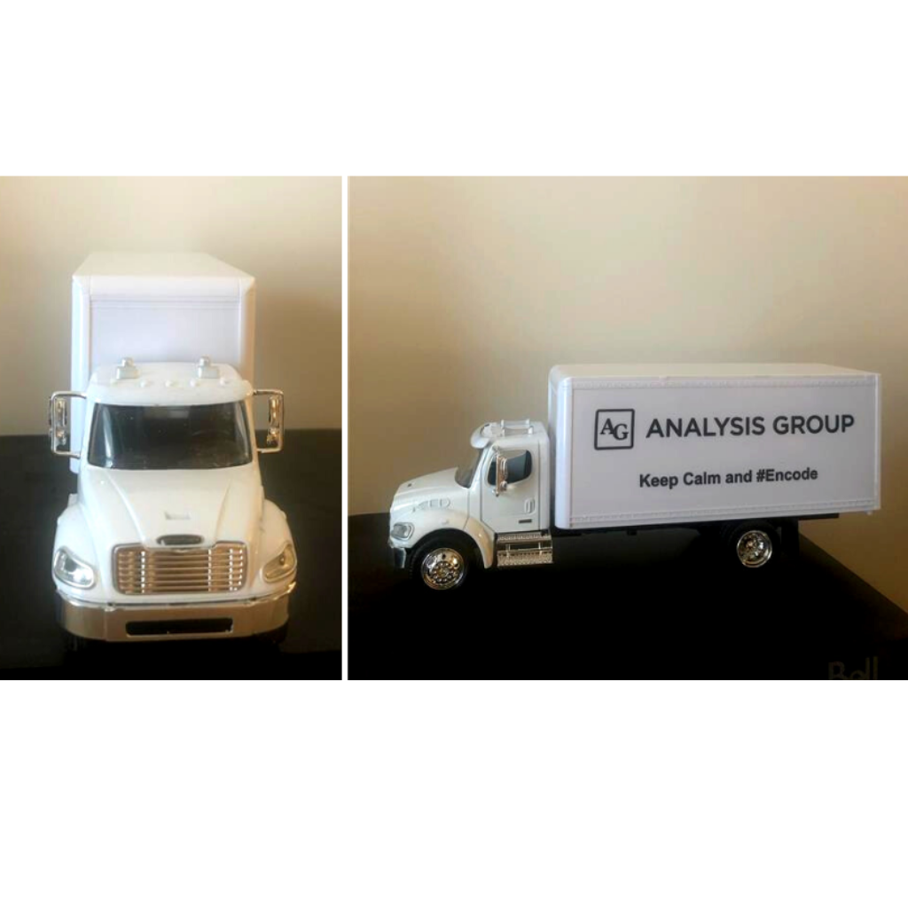 Custom Toy Freightliner Trucks Gifted to Analysis Group Team