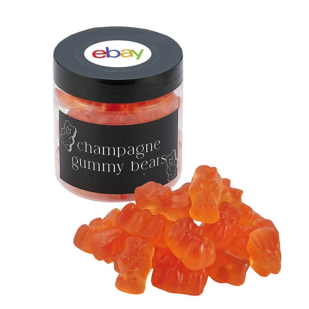 Food Gifts for Meetings and Conferences - Single Candy Jar with Champagne Gummy Bears. Add a custom label to personalize