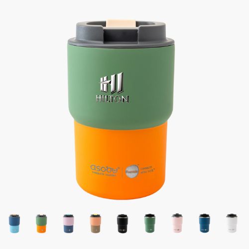 Merch Idea for Luxury Hotels and Resorts - Premium Asobu Travel Mug with Custom Metal Art Logo Emblem